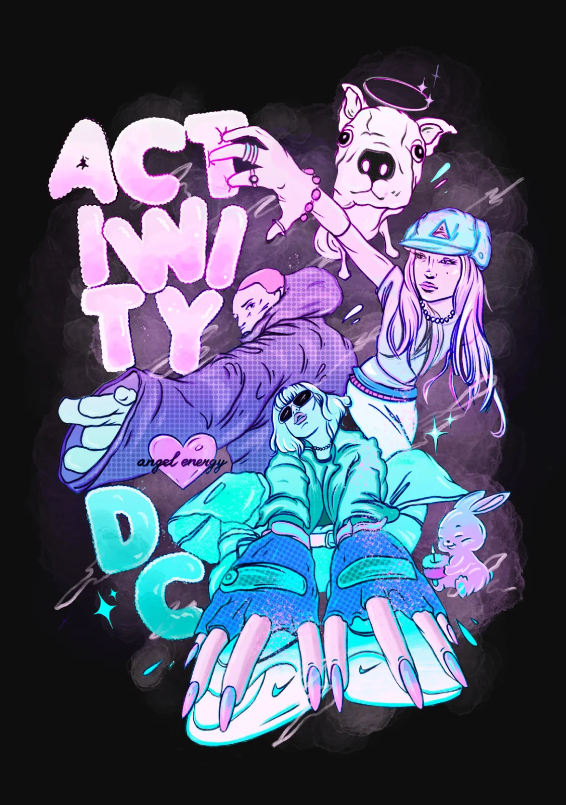 Kreslený plakát studia: postavy tanečníků ve streetwearu, pes a králík v pastelových barvách a nápis ACTIWITY DC